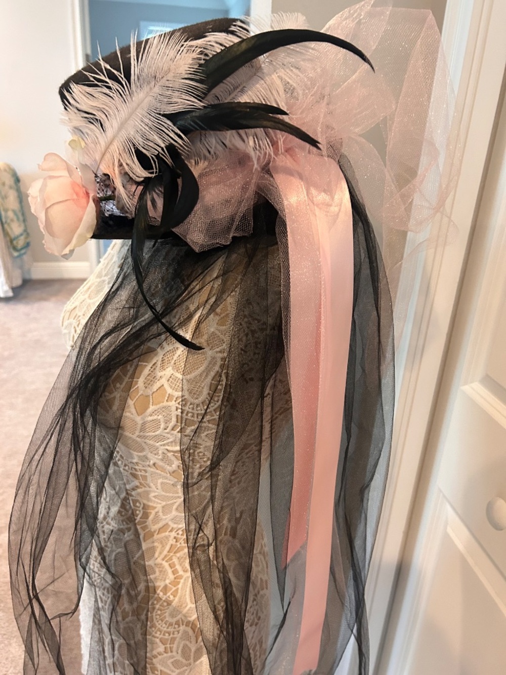 Bachelorette Pink and Black Top Hat with Toole, Netting, Pink Ribbon and a Rose - Picture 6 of 6